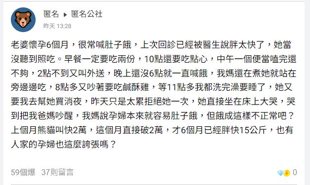 原PO發文向網友們求助，想瞭解孕婦太常肚子餓的解決方法。（圖／翻攝自匿名公社）