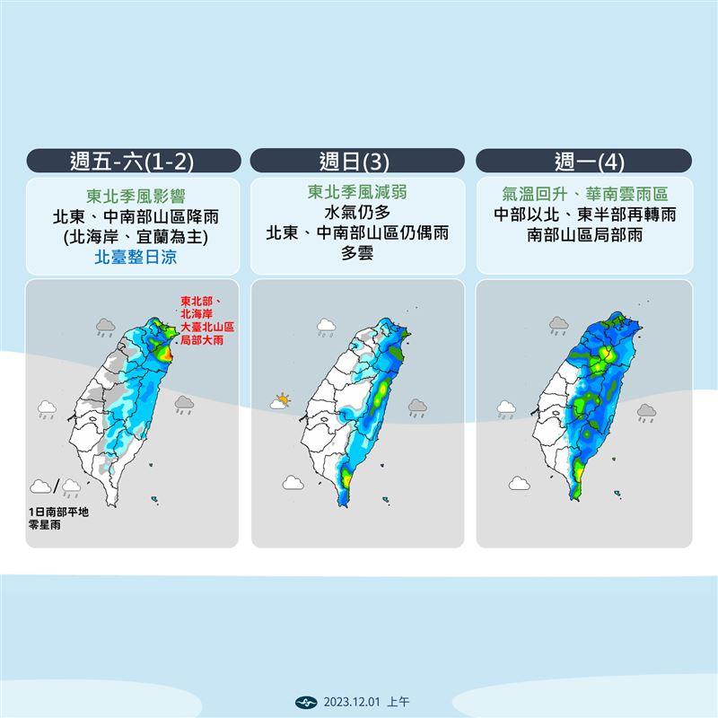 明北部、東半部地區及中南部山區有局部短暫雨。(圖/中央氣象署)