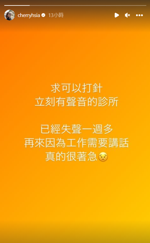 夏如芝失聲1個多禮拜,急問哪裡可以打針立刻恢復聲音。(圖/翻攝自夏如芝IG)