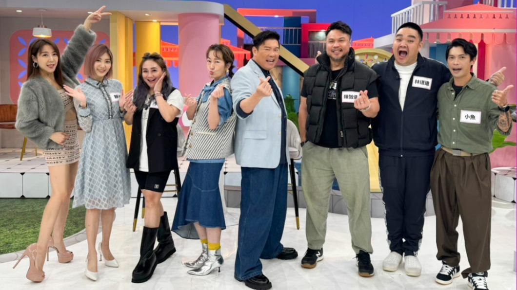 佩佩(左起)、靜香、秀琴、巴鈺、曾國城、陳致遠、林道遠、小魚日前進棚錄影。(圖/緯來綜合台提供)
