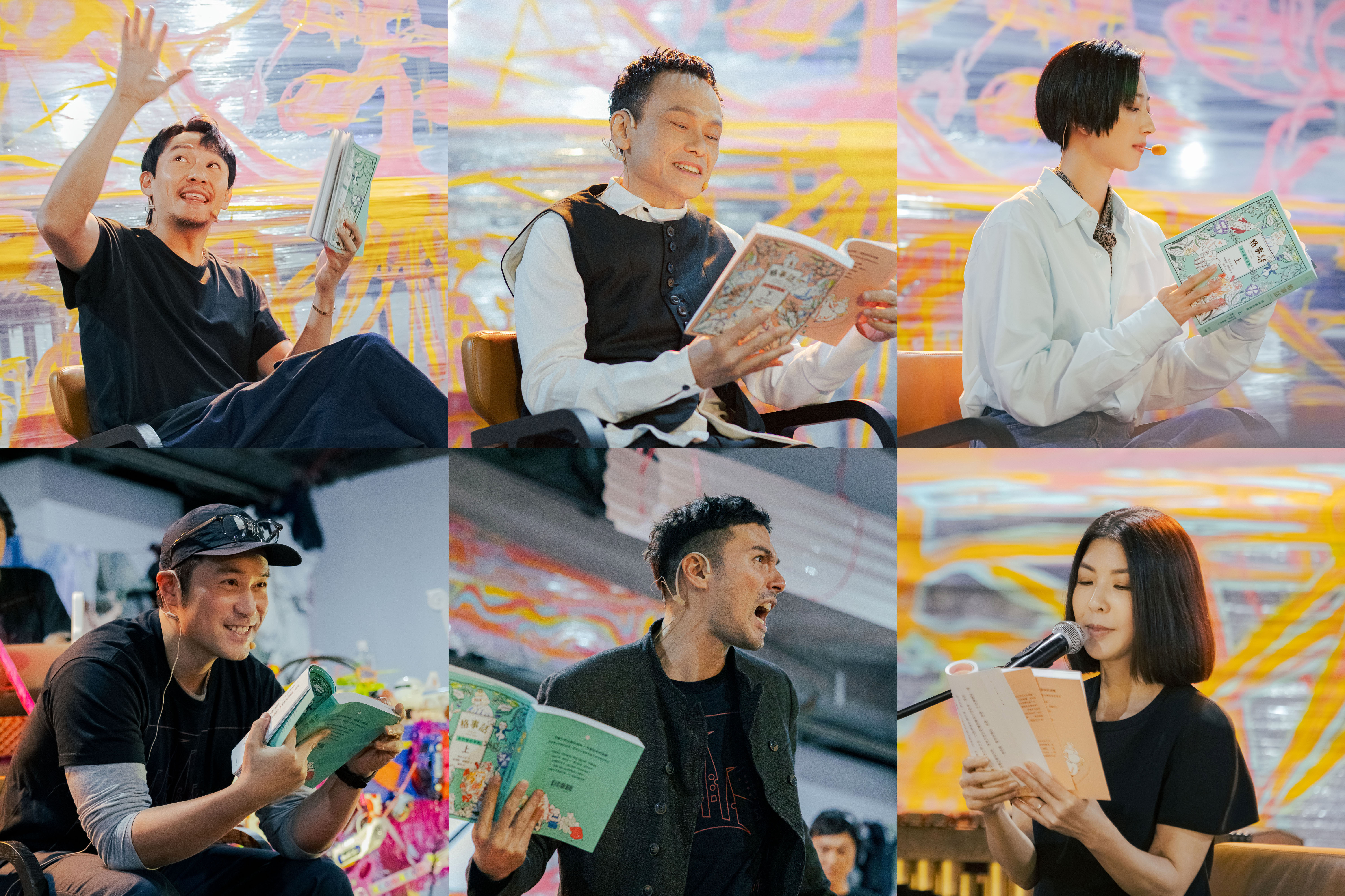 6位說書人張震、陳以文、桂綸鎂、張孝全、許茹芸與鳳小岳。（圖／騷耳有限公司提供）