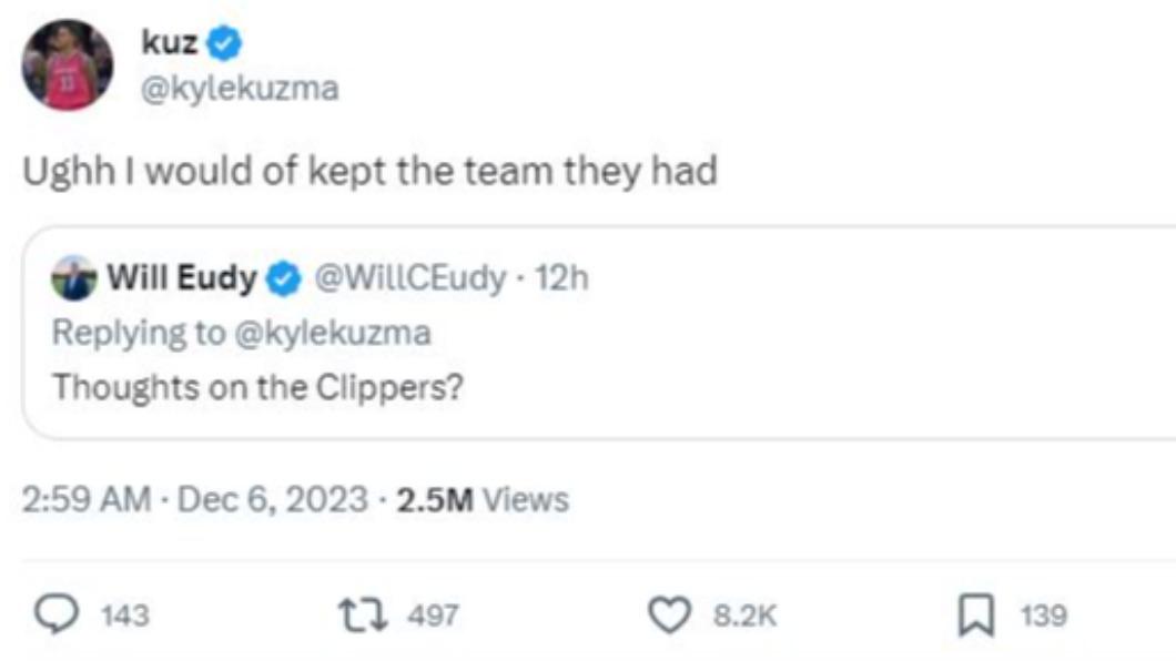 庫茲馬坦言,保留「原陣容」會更適合快艇。(圖/翻攝自「@kylekuzma」X)
