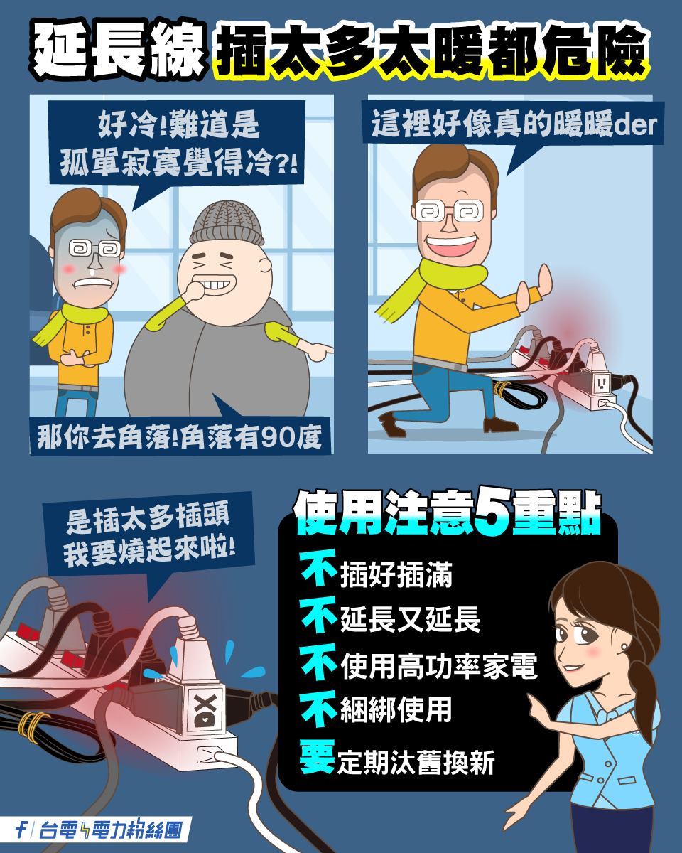 台電提醒使用延長線須注意5大點。(圖/翻攝自台電電力粉絲團臉書)