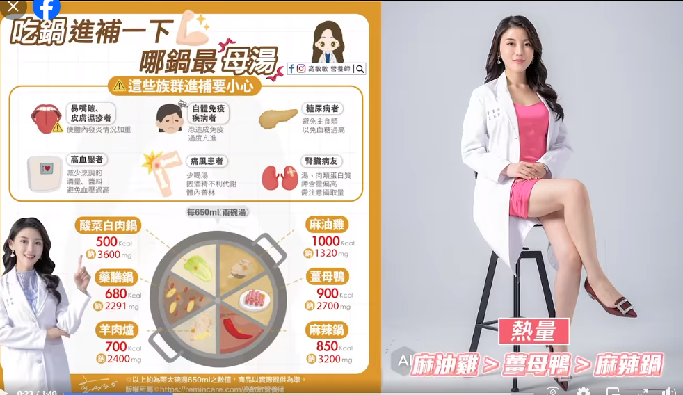 高敏敏分享鍋物熱量排行。（圖／翻攝高敏敏臉書）