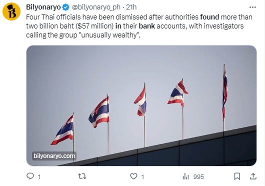 泰國四名公務員帳戶中持有新台幣17億元。(圖／翻攝自Ｘ@bilyonaryo_ph）