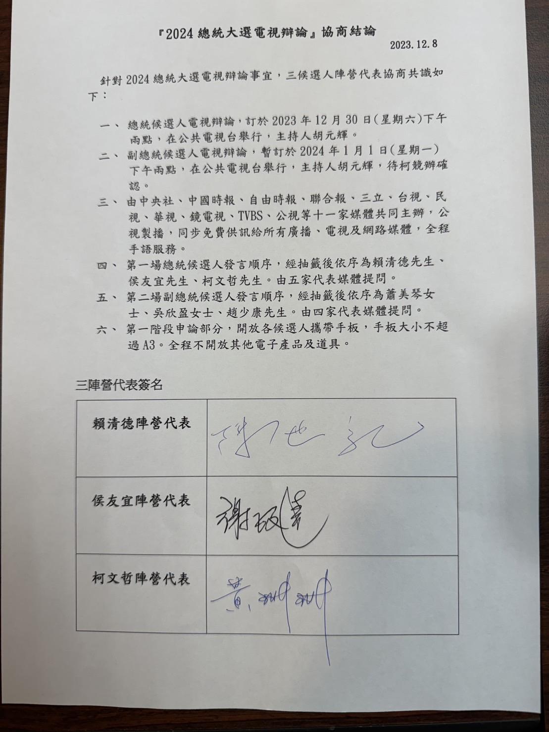 2024總統大選電視辯論協商結論。(圖/TVBS)