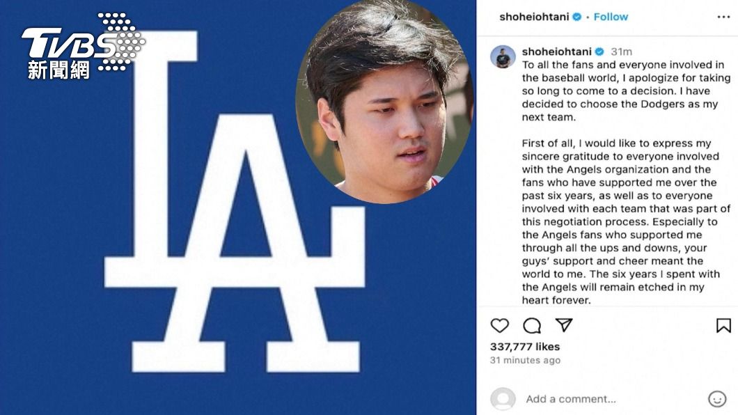 震撼彈!大谷翔平證實加盟道奇 10年天價合約破紀錄