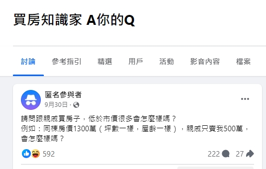 網友考慮是否要以低於市價價格向親戚買房。（圖／翻攝Facebook社團《買房知識家 A你的Q》）