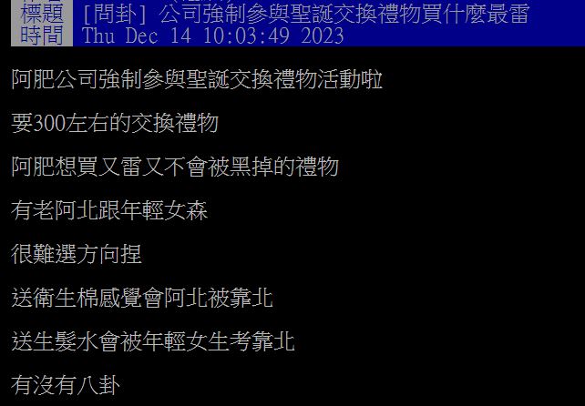 原PO被強制參加交換禮物，卻因想不到禮物而煩惱不已。（圖／翻攝自PTT）