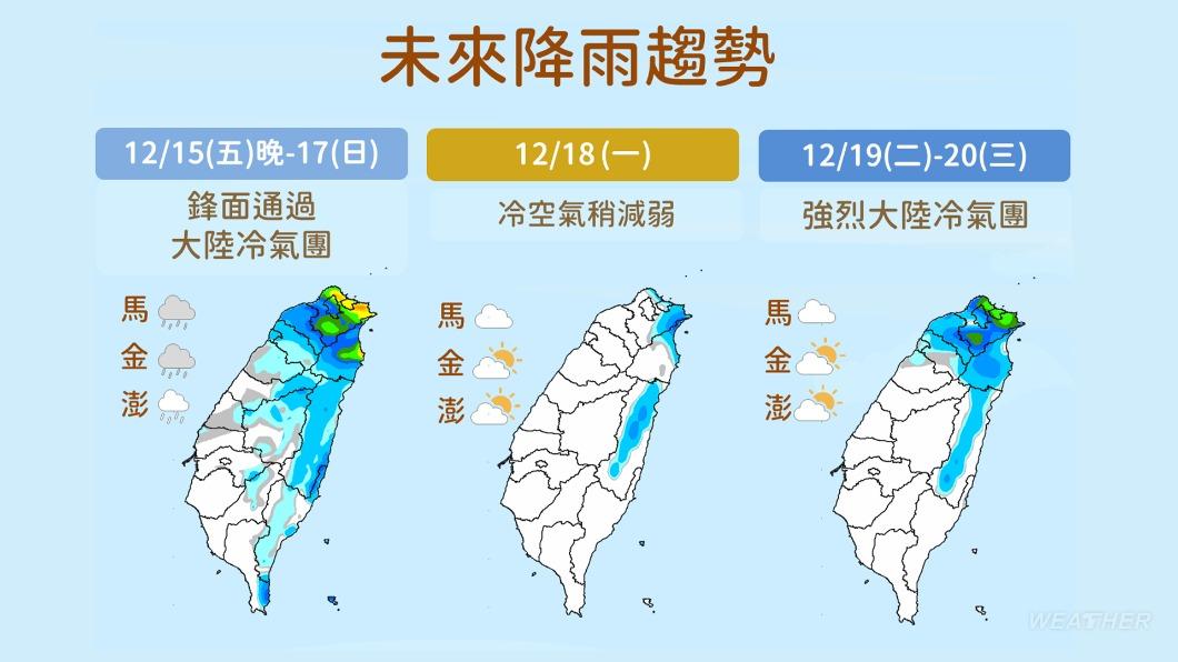 週末鋒面通過及冷空氣南下,降雨範圍擴大。(圖/TVBS)