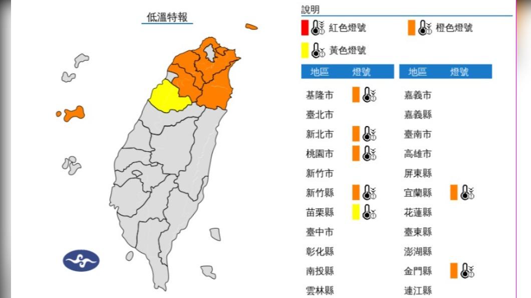 7縣市低溫特報。（圖／翻攝自中央氣象署）