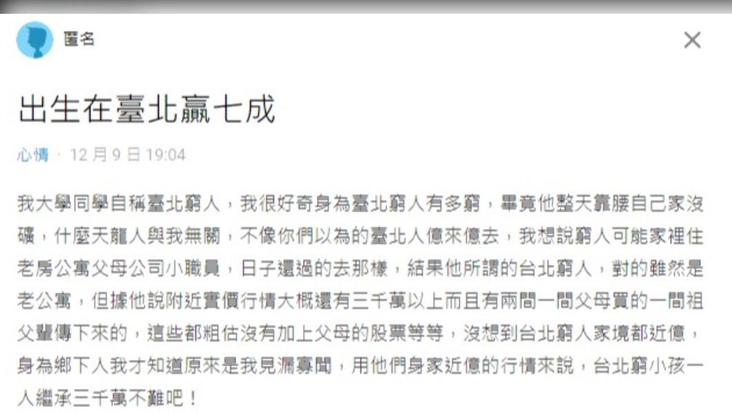 網友認為,出生台北的人贏了7成。 (圖/翻攝自Dcard)