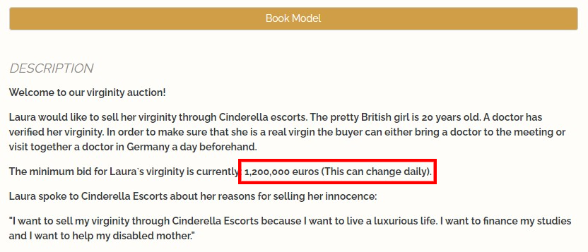 目前出價最高的是倫敦一名政治人物、高達120萬歐元。(圖/翻攝自Cinderella Escorts)