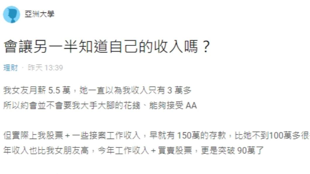 一名男網友發文透露,自己並沒有讓女友知道存款跟收入金額。(圖/翻攝自Dcard)