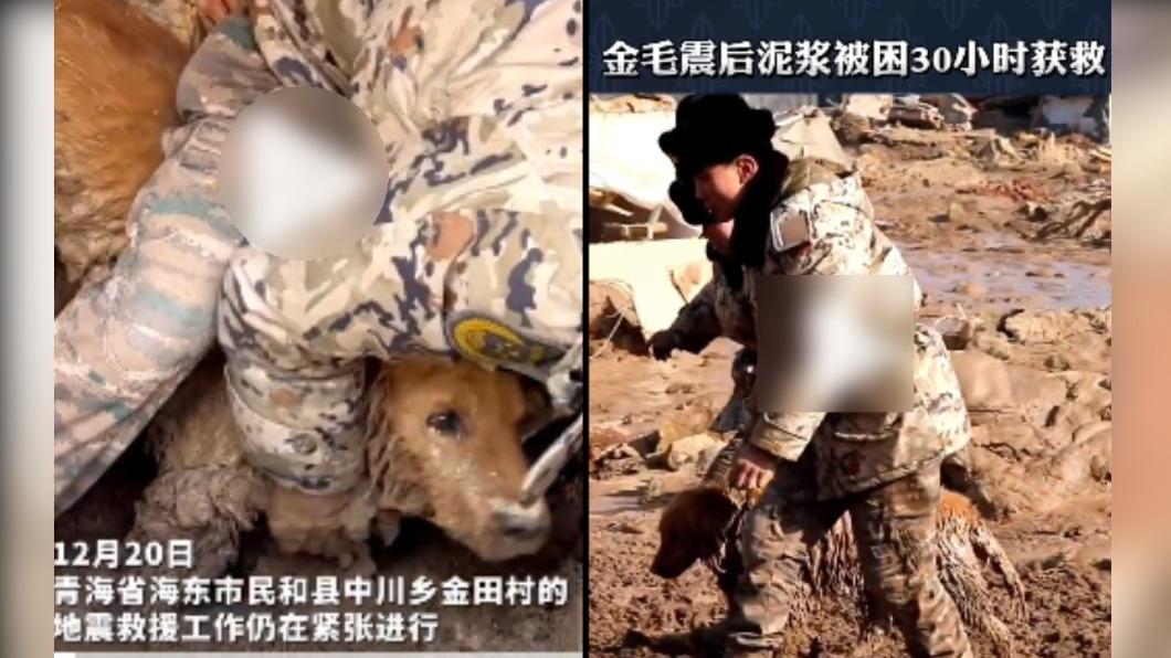 受困逾30小時的金毛犬獲救，全身沾滿汙泥。（圖／翻攝自 微博）