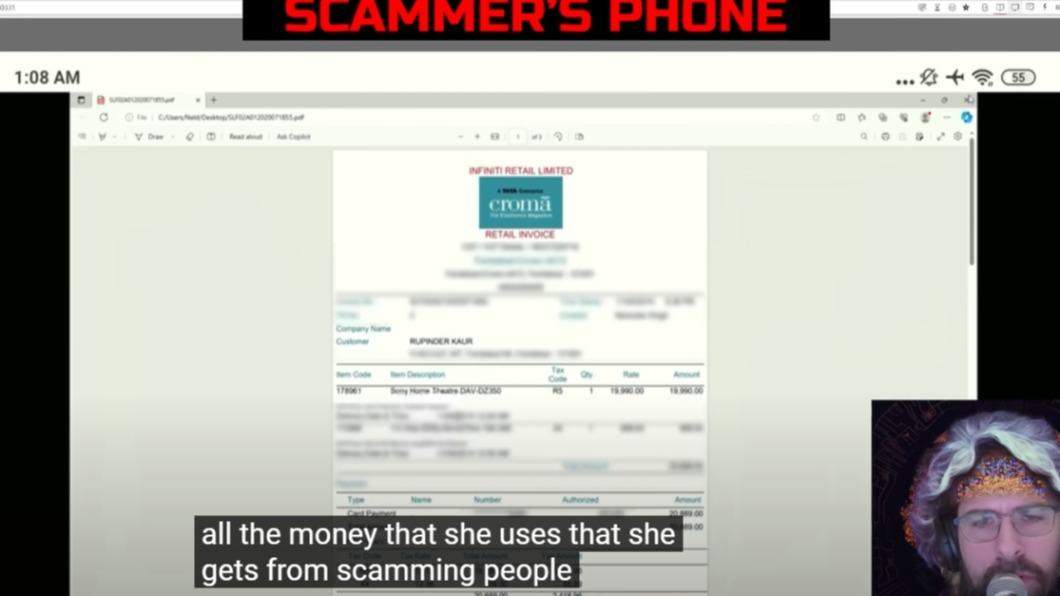 駭客YTR「Scam Sandwich」假扮老奶奶誘詐騙上鉤，卻反入侵對方電腦，挖出詐騙者重金購買音響的紀錄。（圖／翻攝自Scam Sandwich影片）