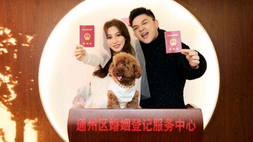 艾福傑尼（右）和老婆徐藝嫣帶著愛犬登記結婚。（圖／翻攝自艾福傑尼微博）