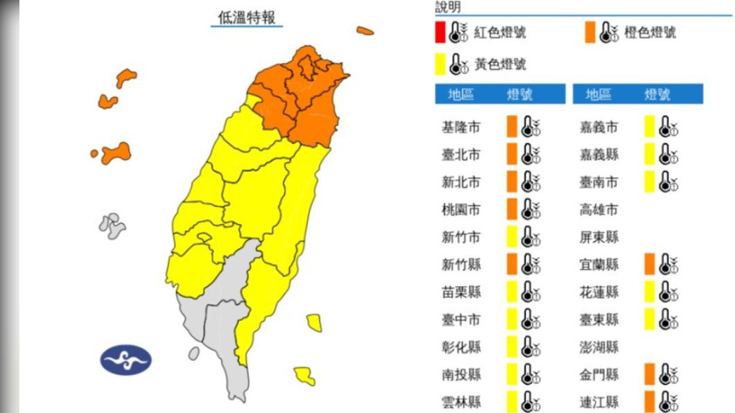 氣象署發布低溫特報，全台急凍。（圖／翻攝自中央氣象署）