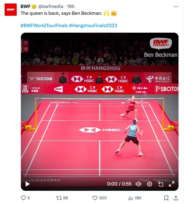 世界羽聯分享知名球評大讚戴資穎「女王回來了」。(圖/翻攝BWF)