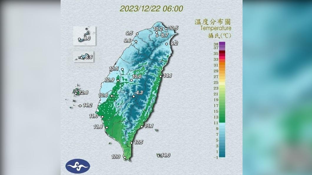 入冬首波寒流嘉義以北幾乎成了冰凍番蕃。(圖/氣象署)