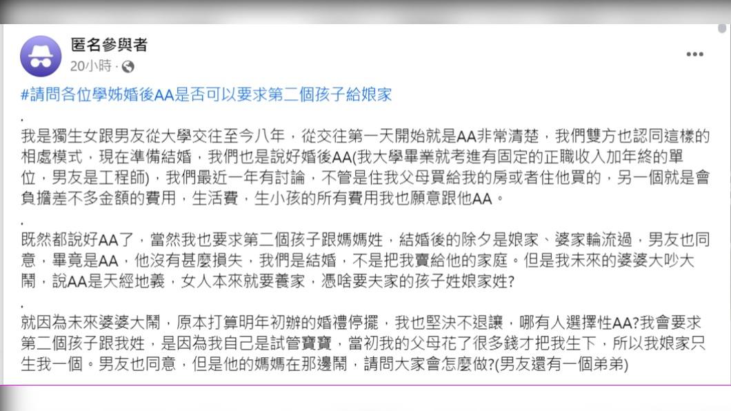 女網友發文透露，準婆婆不同意孩子隨母姓進而大鬧。（圖／翻攝自臉書社團毒姑九賤婆媳討論區）