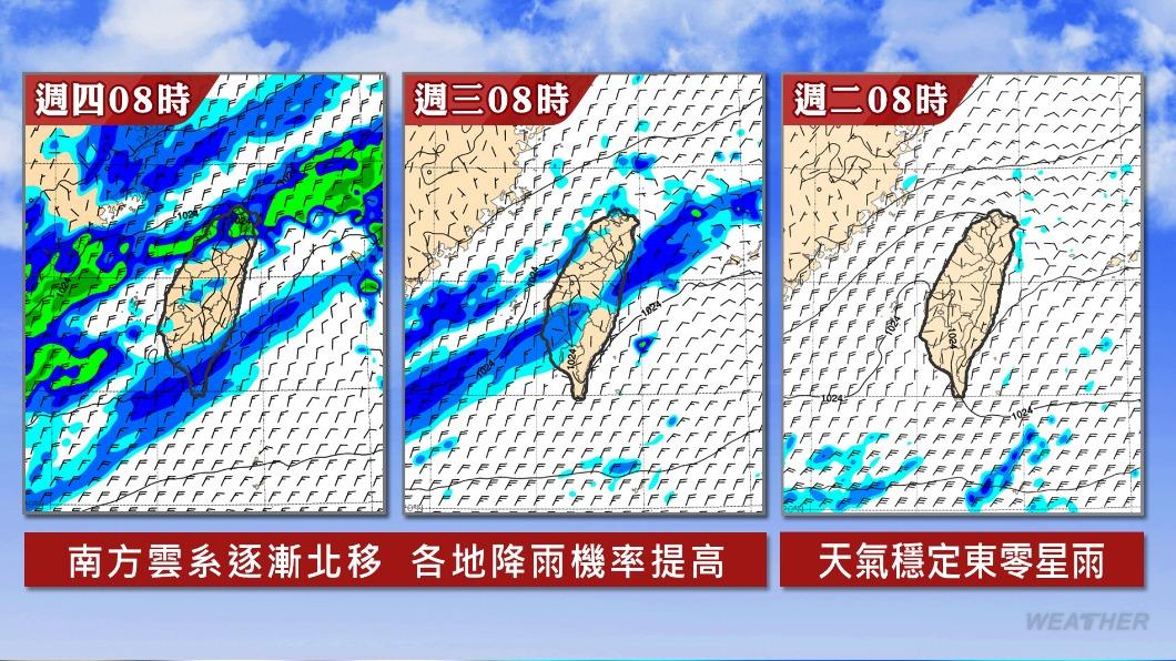 南方雲系北移,降雨機率提高。(圖/TVBS)