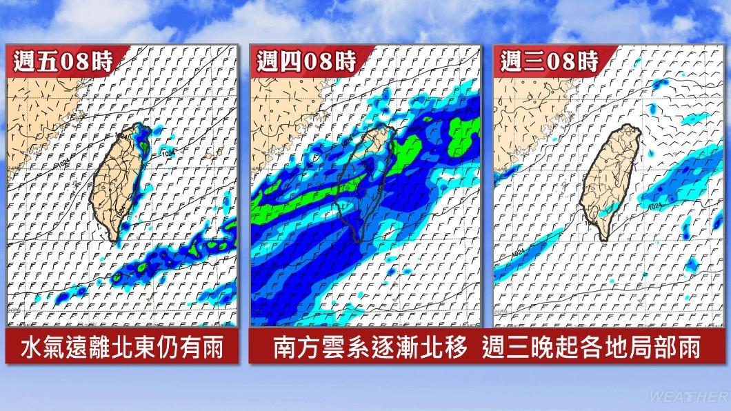 明日南方雲系北移,各地降雨機率提高。(圖/TVBS)