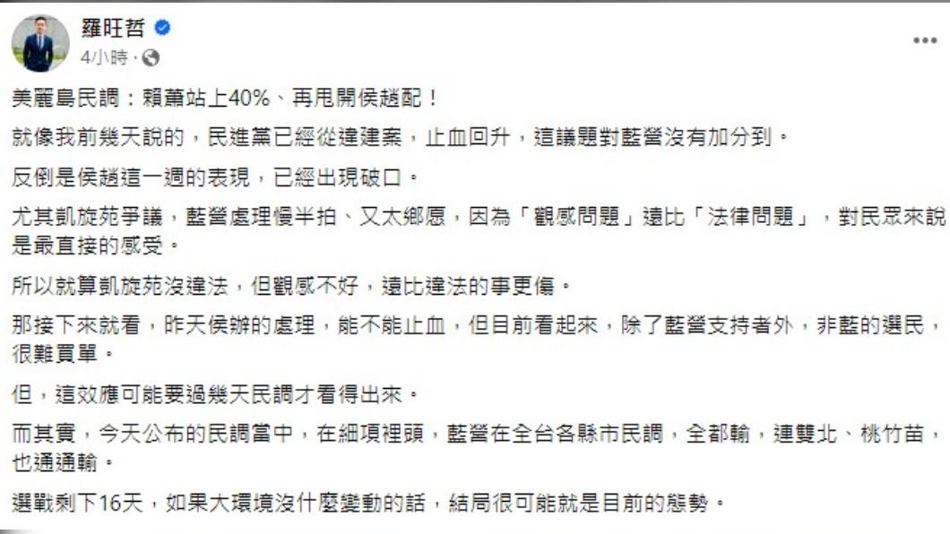 羅旺哲直言，侯康配表現已出現破口。（圖／翻攝自羅旺哲臉書）