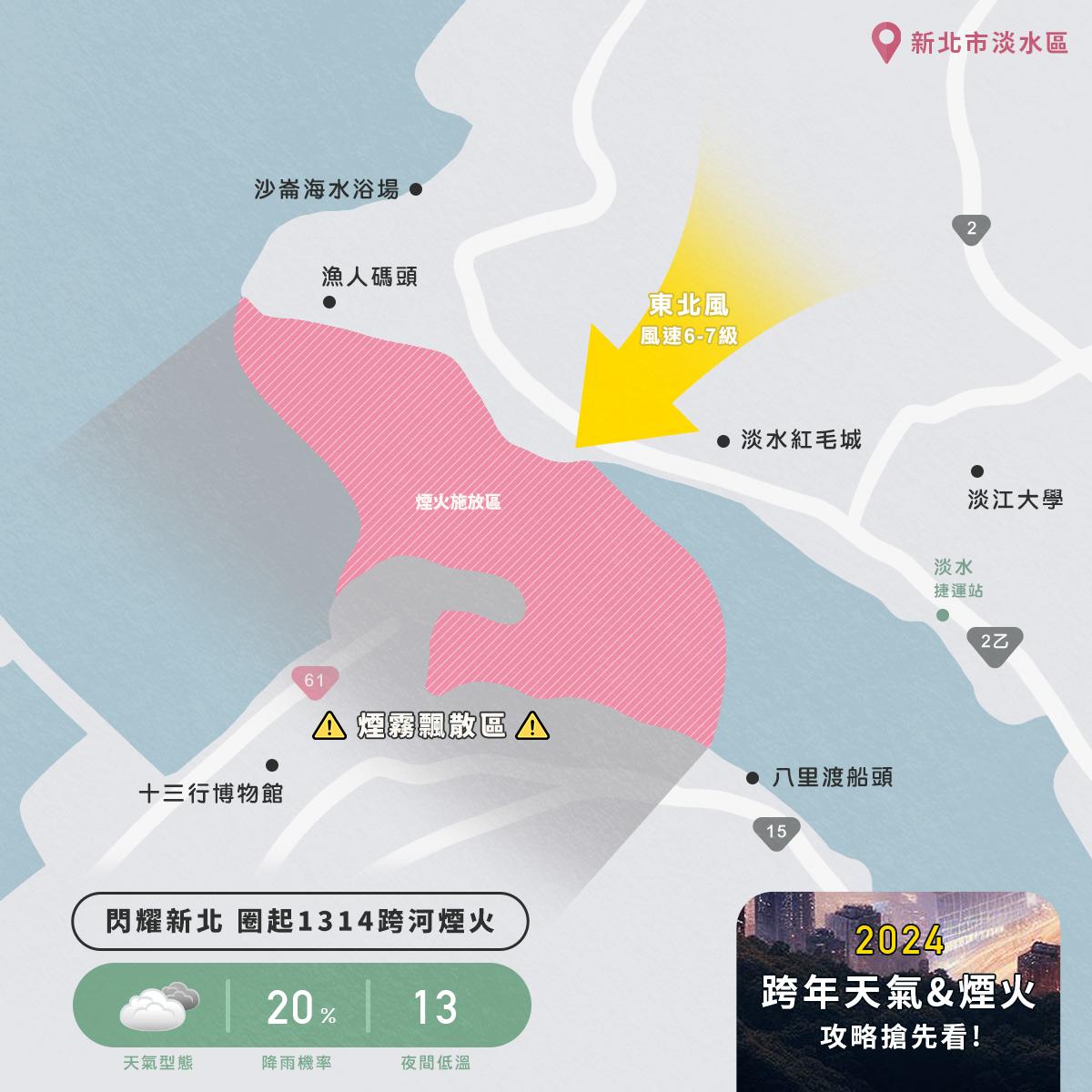 全台跨年吹偏東北風,觀賞煙火避免下風處。(圖/翻攝臉書 天氣風險)