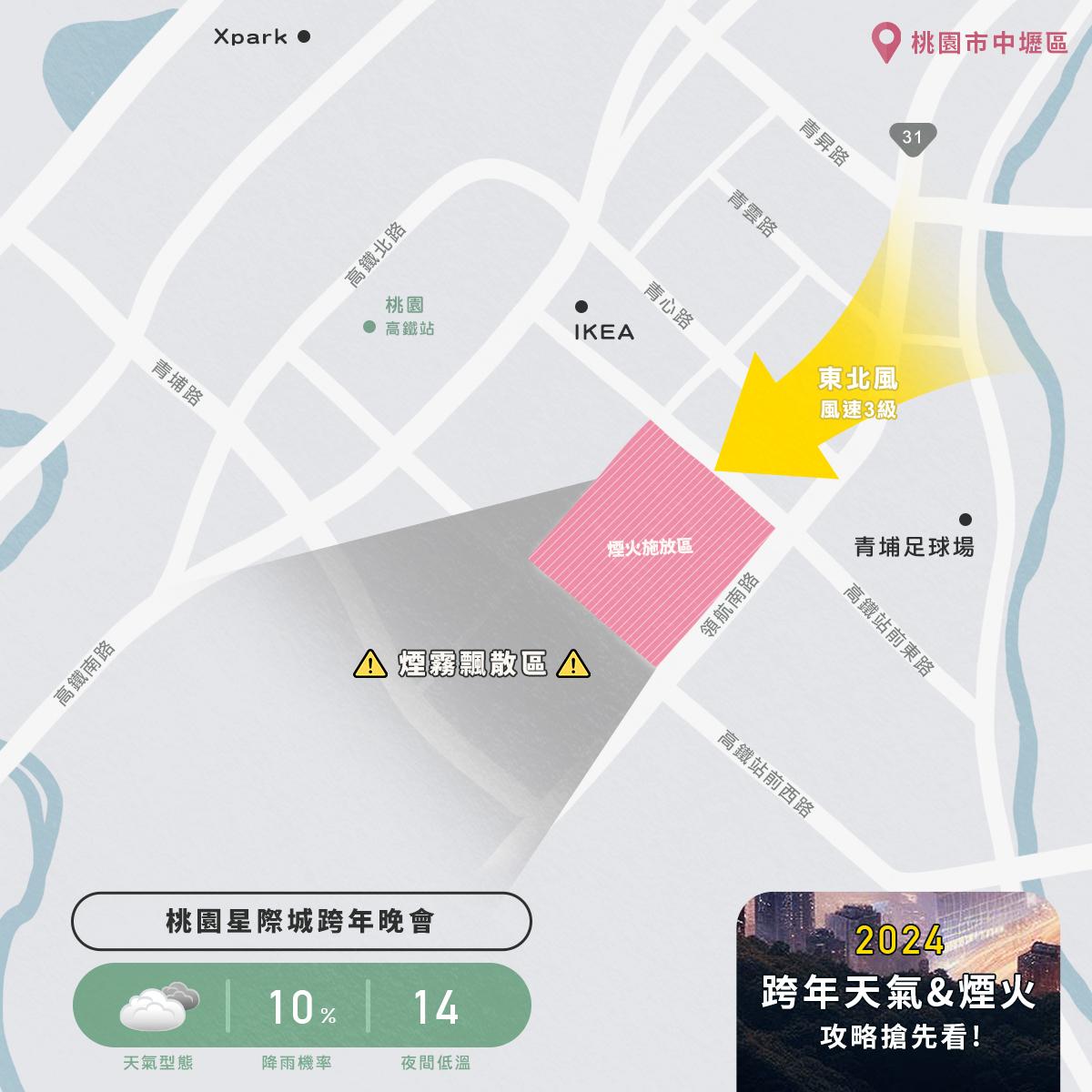 全台跨年吹偏東北風,觀賞煙火避免下風處。(圖/翻攝臉書 天氣風險)