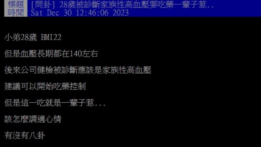 男子診斷出家族遺傳高血壓。(圖/翻攝自PTT)