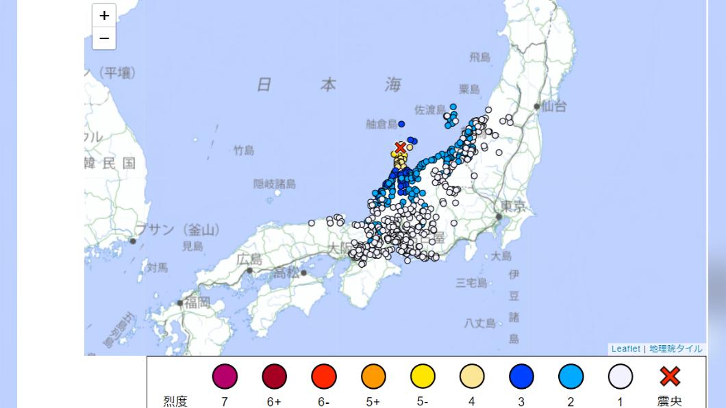 日本石川縣附近今日下午發生強震及多次餘震。（圖／翻攝自氣象廳）