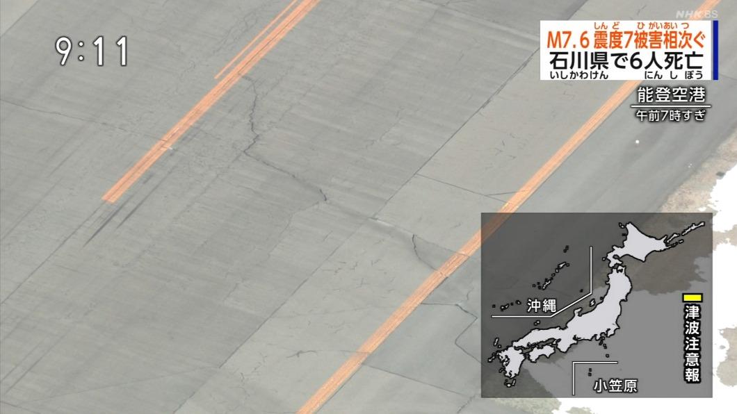 日本能登機場跑道被震裂。(圖/翻攝自X@Panda_Puppet)