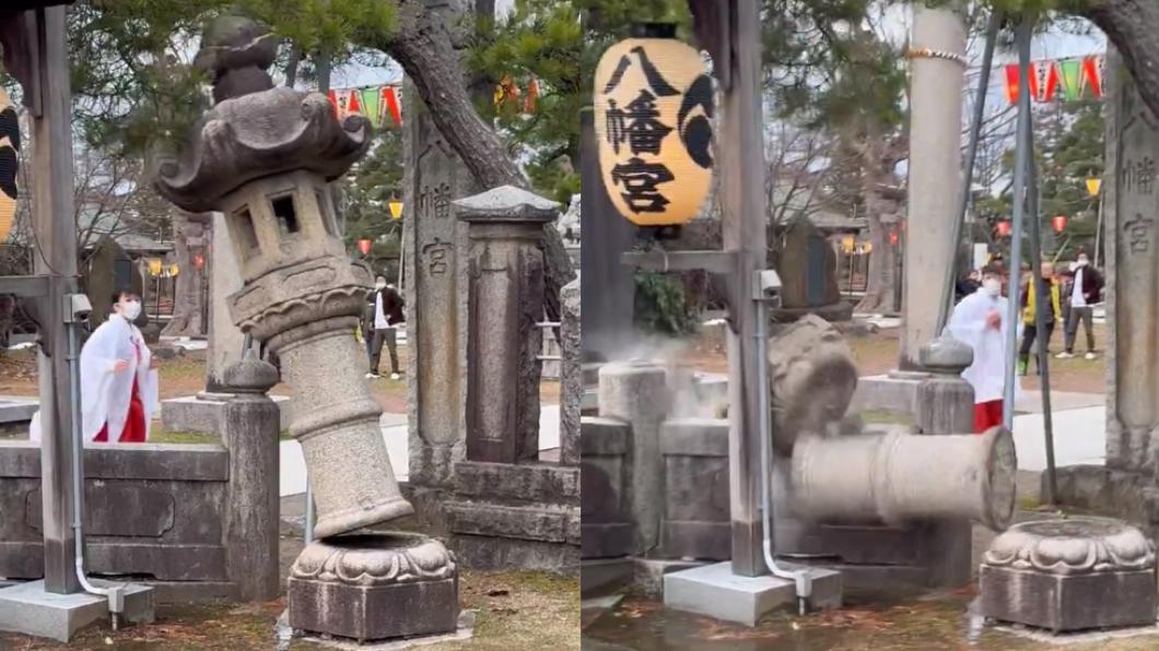 有片/石川地震襲神社「石燈籠柱猛晃」 巫女差一秒險被砸