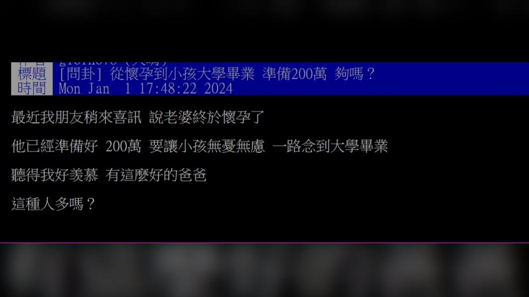 原PO好奇問「從懷孕到小孩大學畢業，準備200萬夠嗎？」（圖／翻攝自PTT）