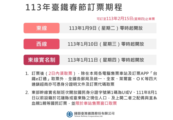 台鐵將於1月9日起陸續開放春節火車訂票。（圖／翻攝自台鐵官網）