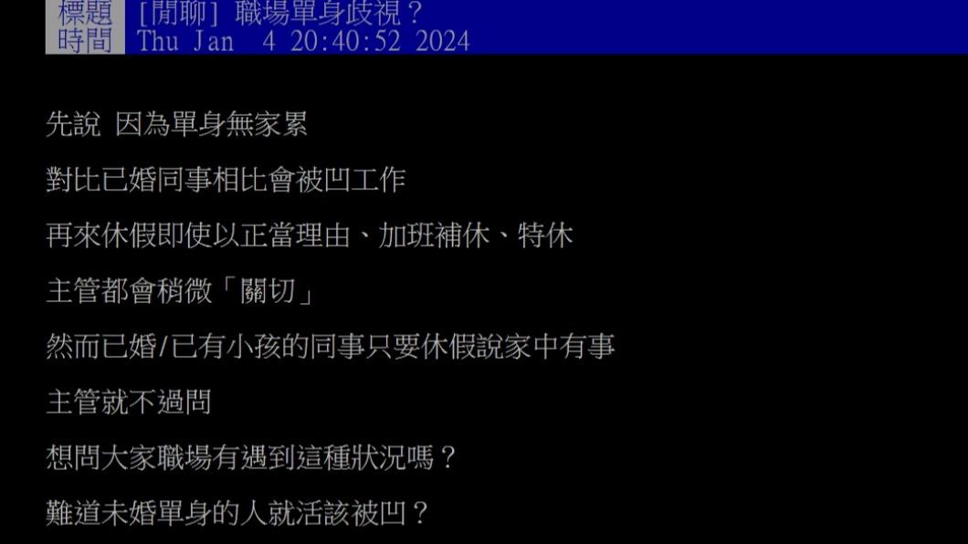 原PO好奇「職場單身容易被歧視?」(圖/翻攝自PTT)