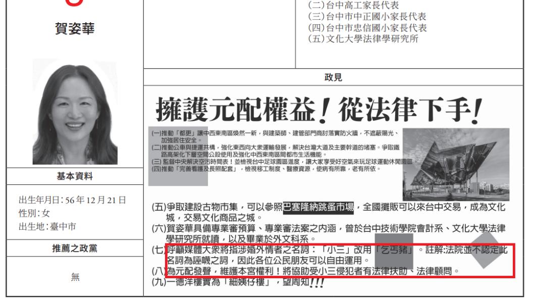 超狂!政見要成立台中共和國 她要小三改叫「乞丐豬」