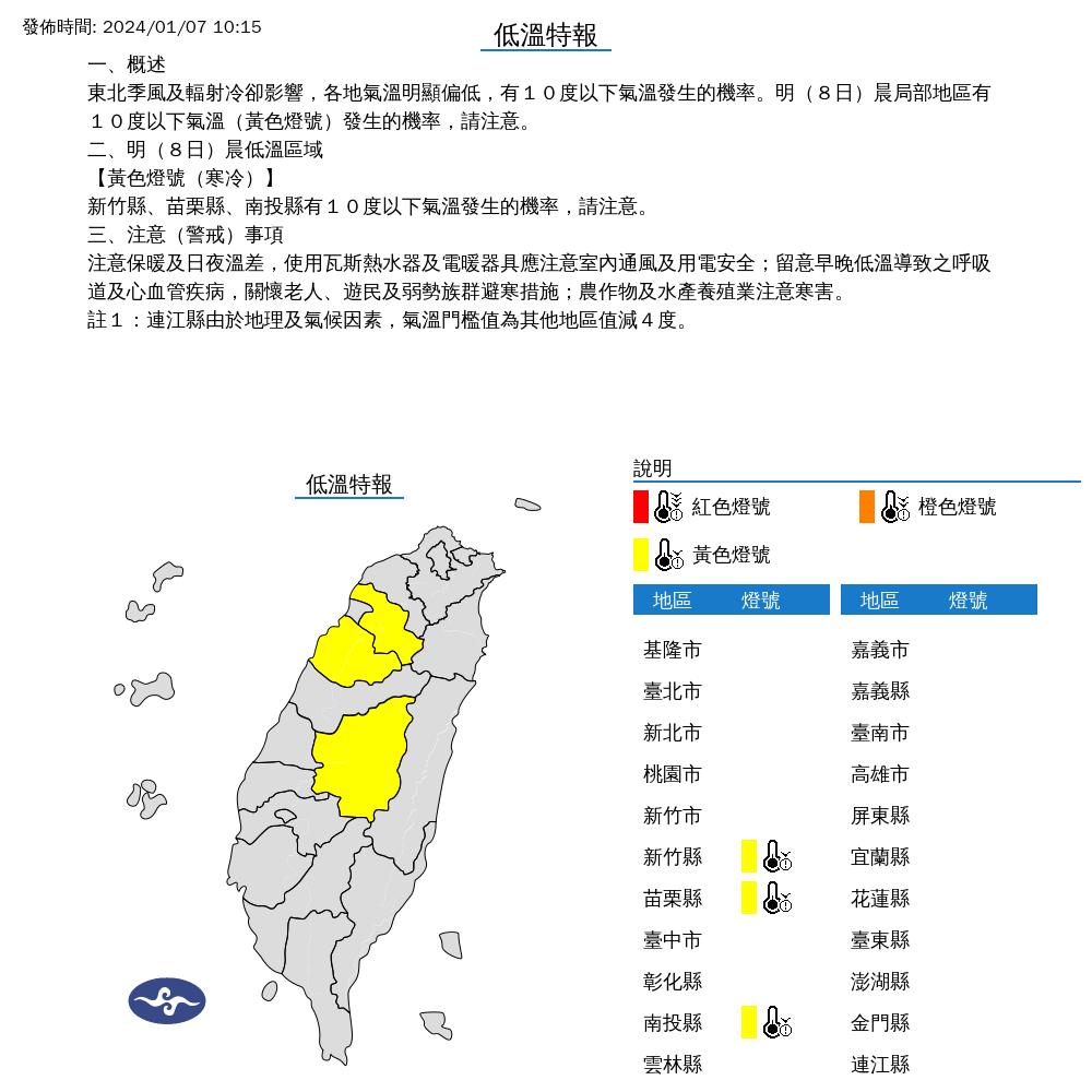 低溫特報。（圖／氣象署）