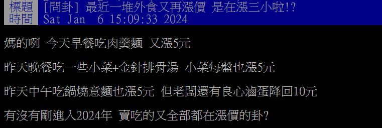 原PO近日吃外食發現物價又上漲，讓他忍不住抱怨了一番。（圖／翻攝自PTT）