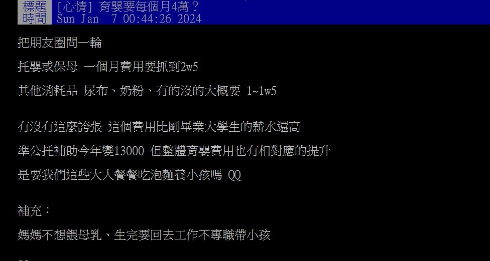 原PO嘆育嬰花費高，不敢生小孩。（圖／翻攝自PTT）