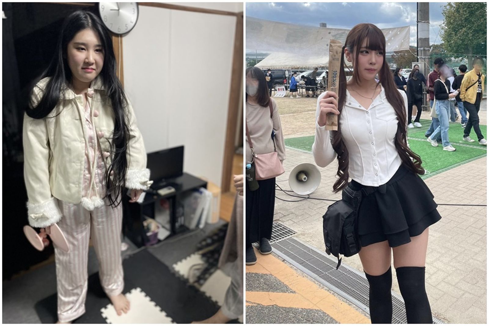 日本網友中村珠愛莉女大十八變,瘦身前後對比照引起討論。(圖/翻攝@9ninecat_ X)