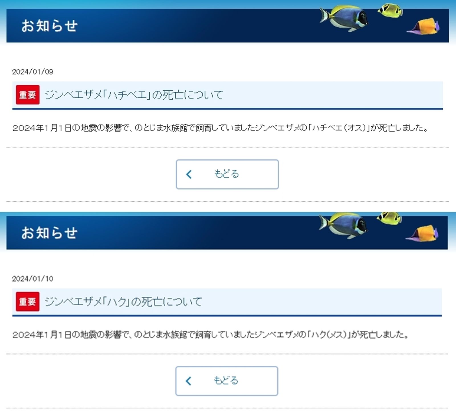 能登島水族館9日及10日在官網發布鯨鯊身亡的消息。(圖/翻攝自のとじま水族館官網)