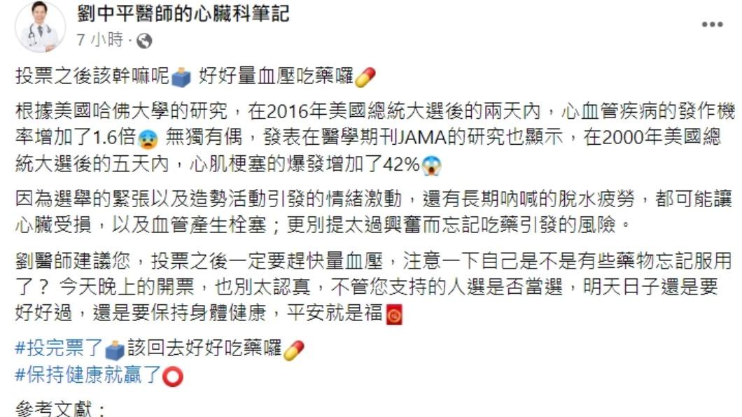 醫師發文。(圖/翻攝自劉中平醫師的心臟科筆記臉書)