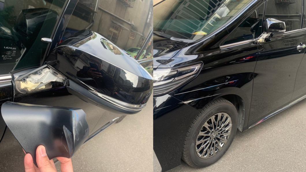 小馬將車子停放在私人土地遭撞,導致左照後鏡及左側車身擦痕。(圖/警方提供)