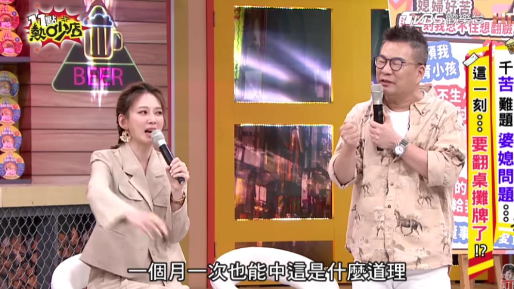 主持人Melody(左)和沈玉琳對於羅美玲懷上第3胎訝異不已。(圖/翻攝自11點熱吵店YouTube)