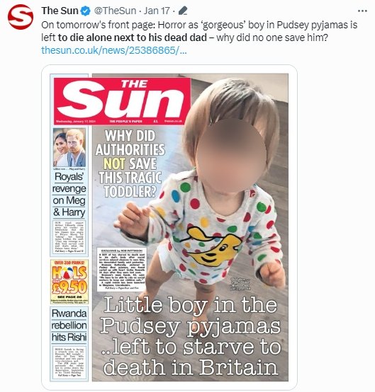 該名兩歲男童判定應是餓死身亡。（圖／翻攝自X＠TheSun）