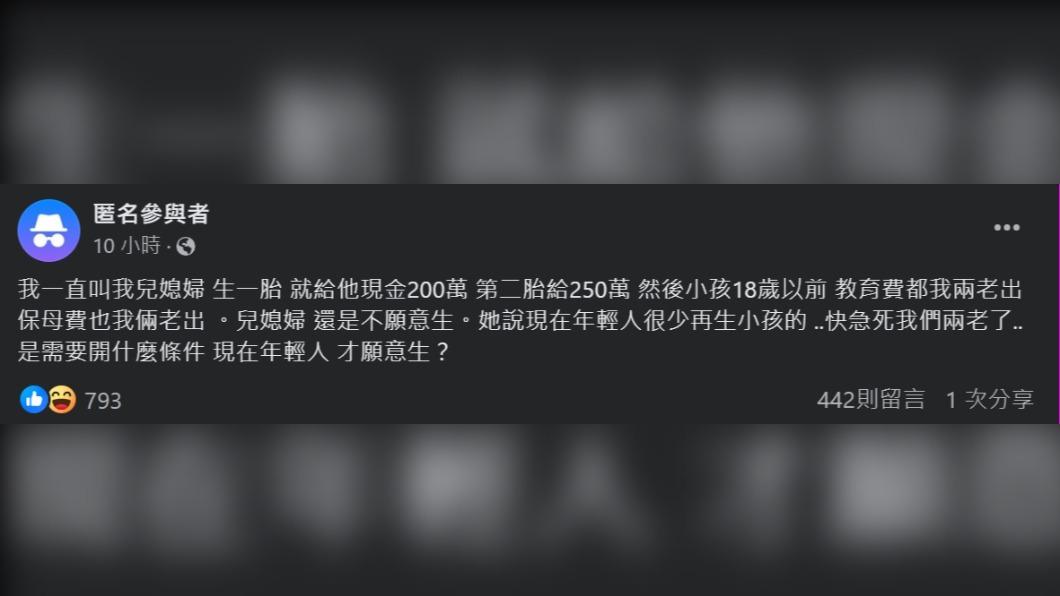 原PO心急發文「是需要開什麼條件,現在年輕人才願意生?」(圖/翻攝自毒姑九賤婆媳討論區臉書)