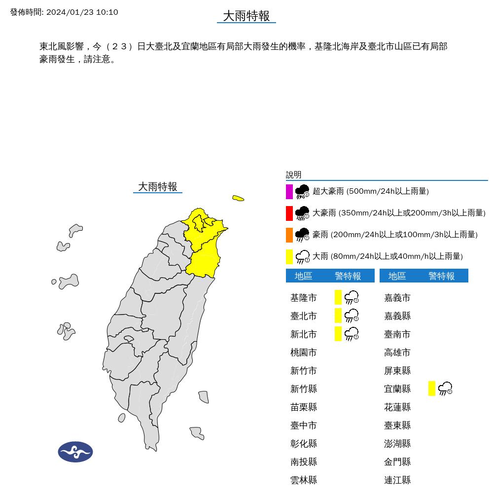 氣象署針對4縣市發布大雨特報。(圖/氣象署)