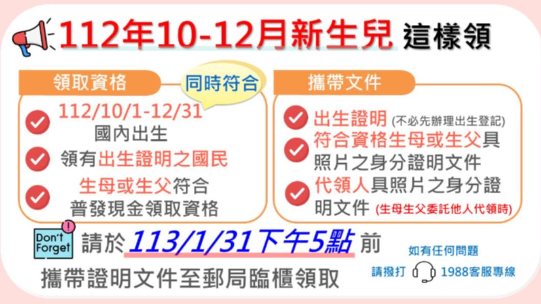 普發現金6000元,新生兒領取資格。(圖/翻攝自財政部)